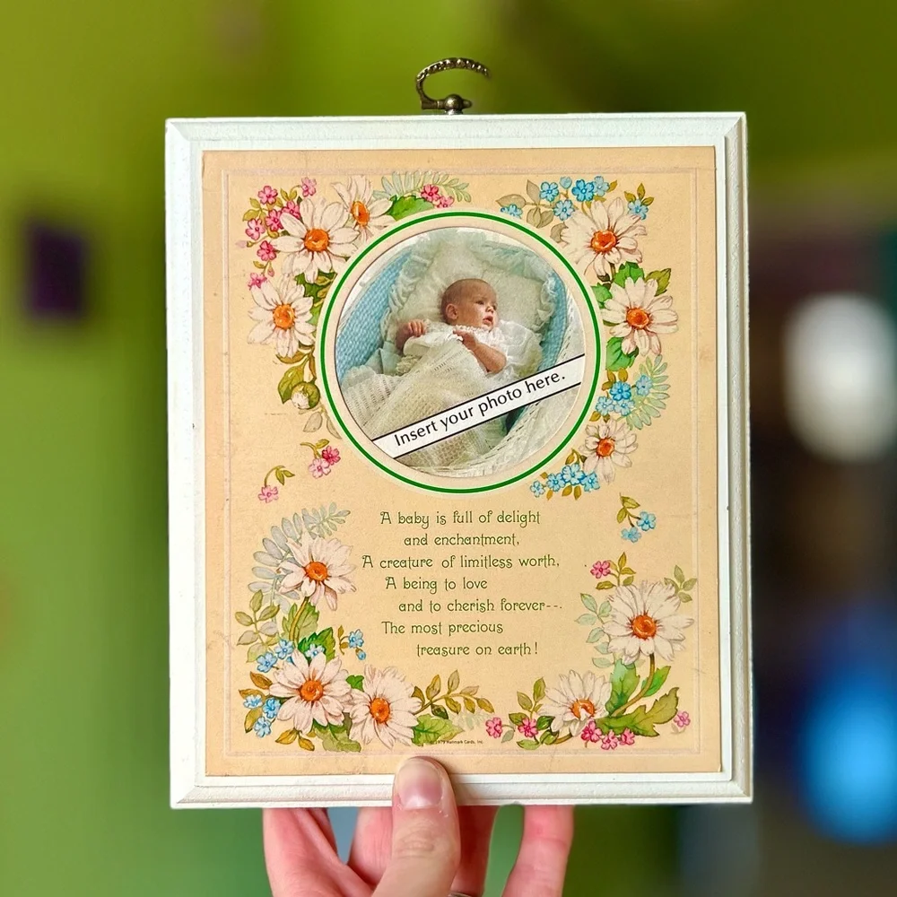 VTG Wildflower Cottagecore Baby Photo Insert Wood Plaque Wall Decor Art - Picture 1 of 6